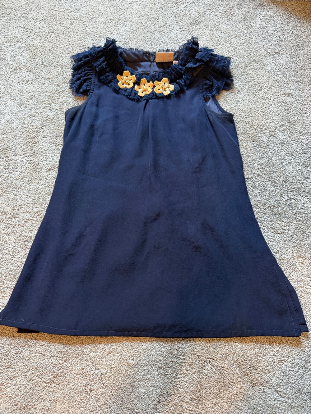 Rungolee Navy Floral Trim Sleeveless Blouse Beaded Rhinestones